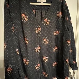 LOFT grey long sleeve floral blouse